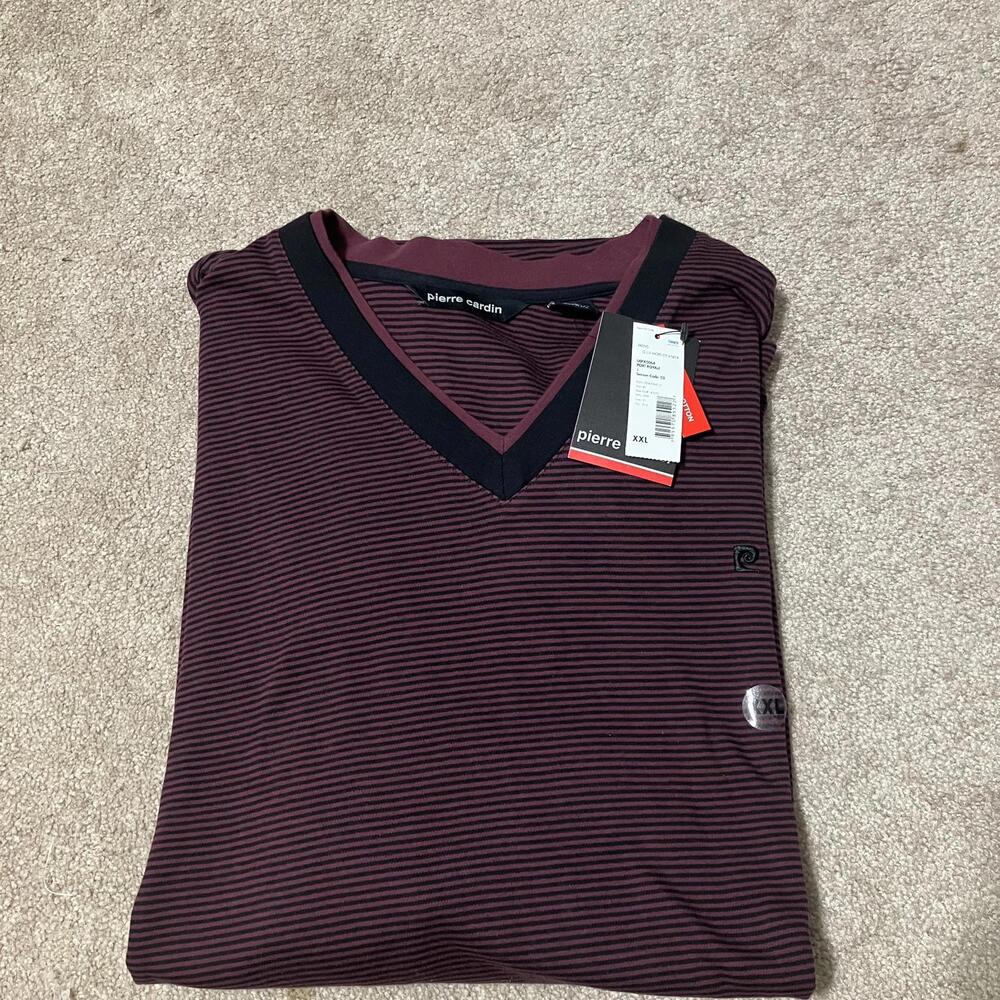 Pierre Cardin Burgundy Vintage V-Neck Striped Shirt Men XXL